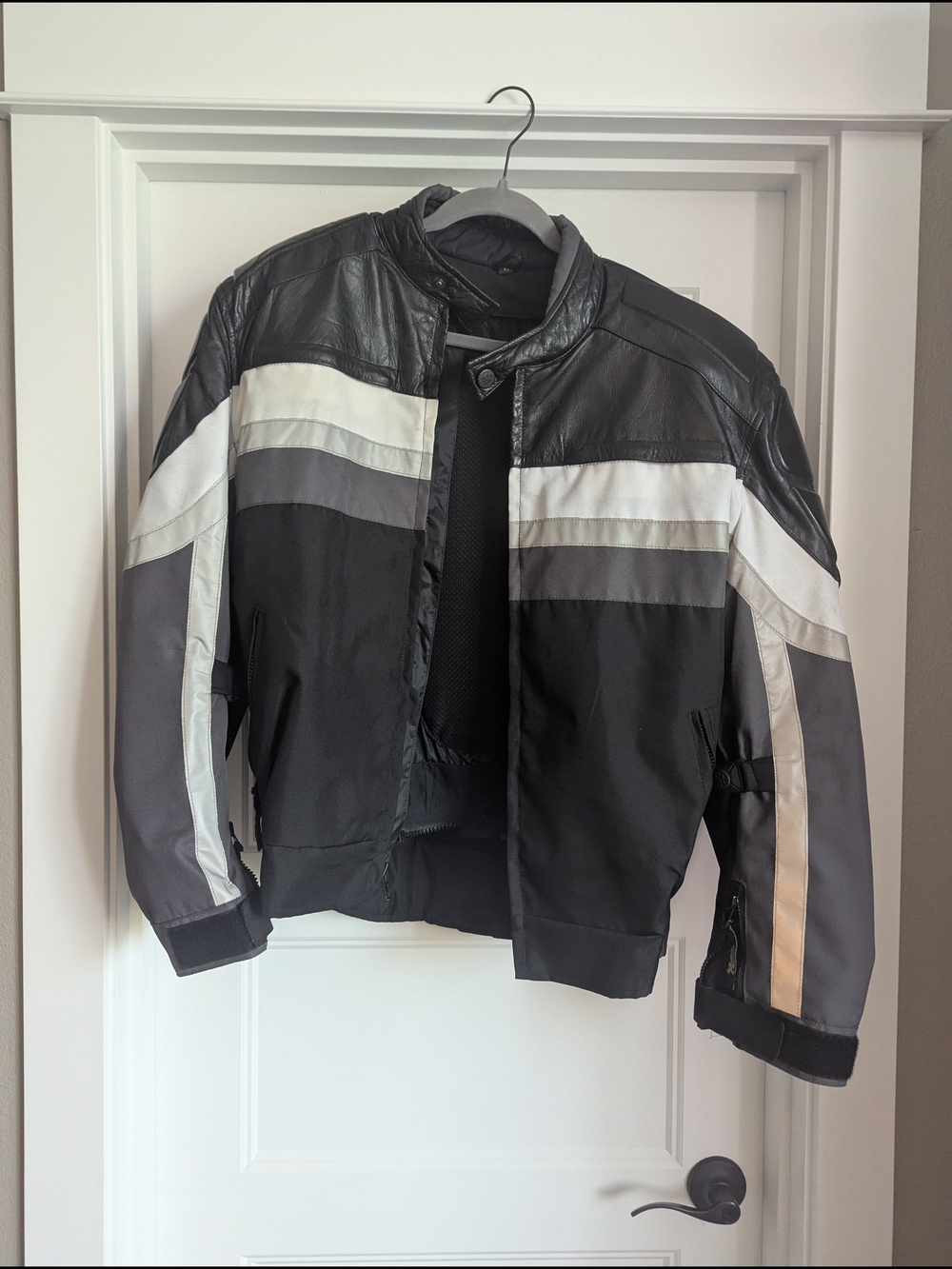 Black and Gray Motorcycle Jacket with White Stripes